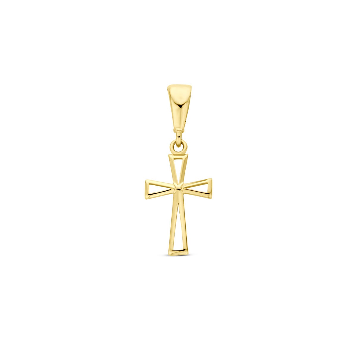 Geelgouden kruis hanger met een strakke, moderne vorm en een glanzende afwerking.