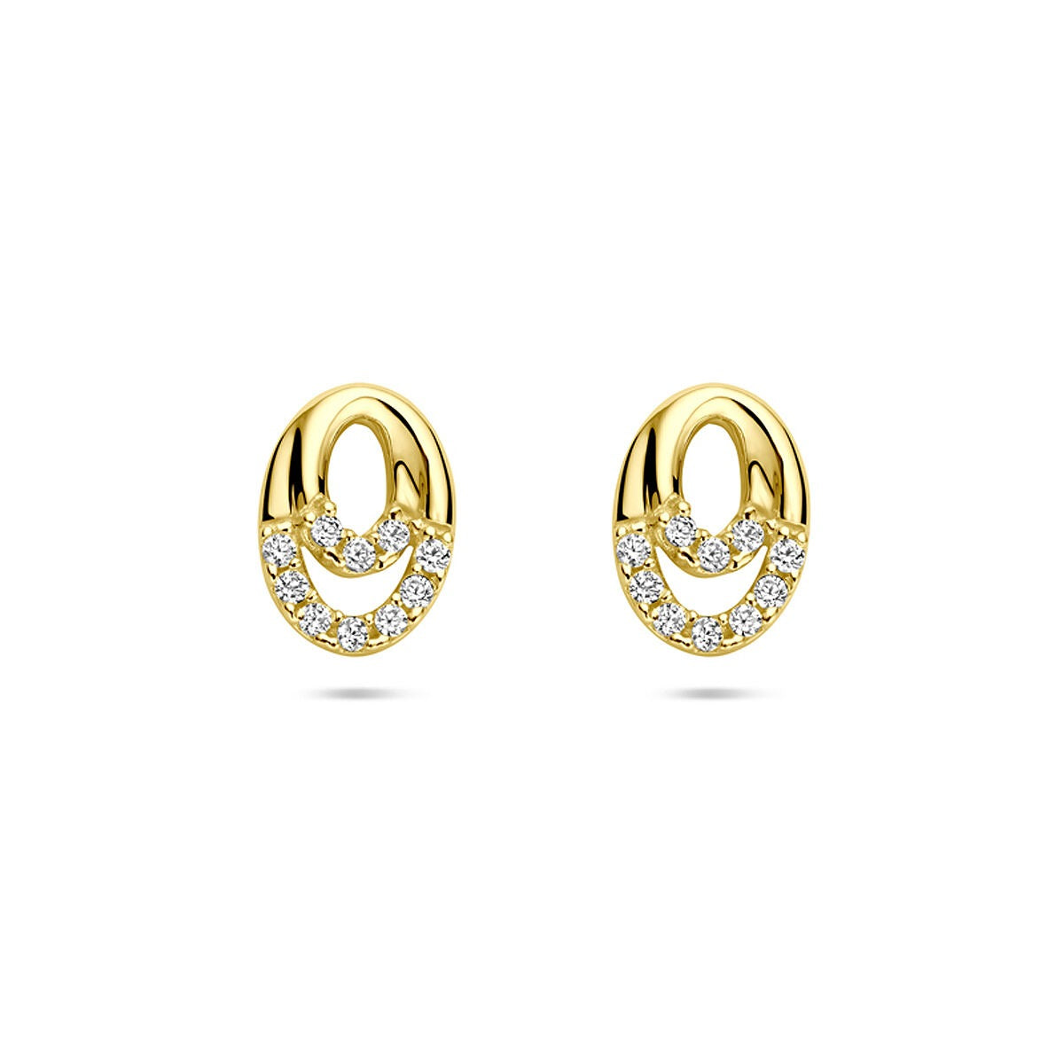 Gouden oorknopjes van 14k met zirkonia in een ovale, entourage zetting.