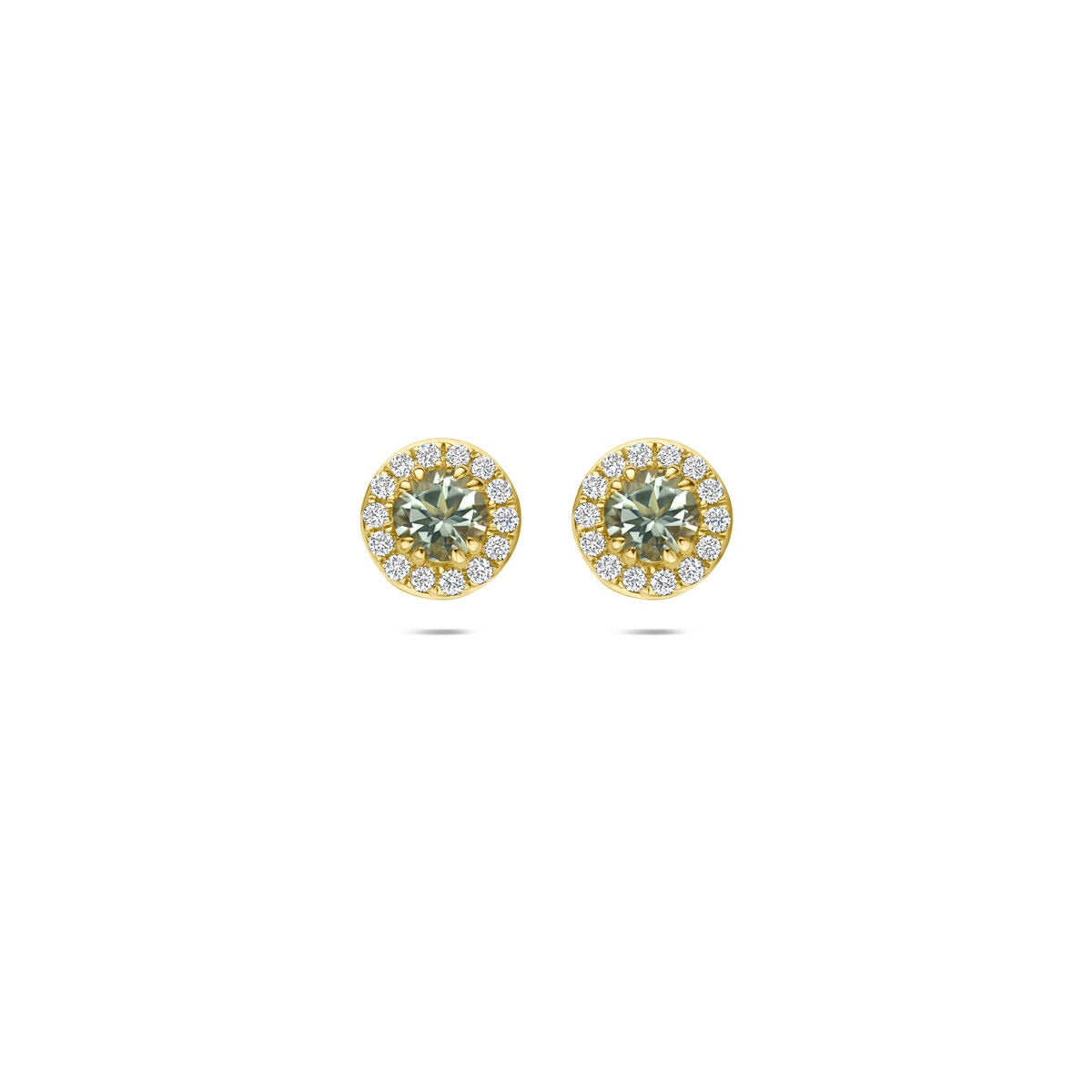 Geelgouden oorknoppen met groene amethist in het midden, omringd door lab grown diamanten.