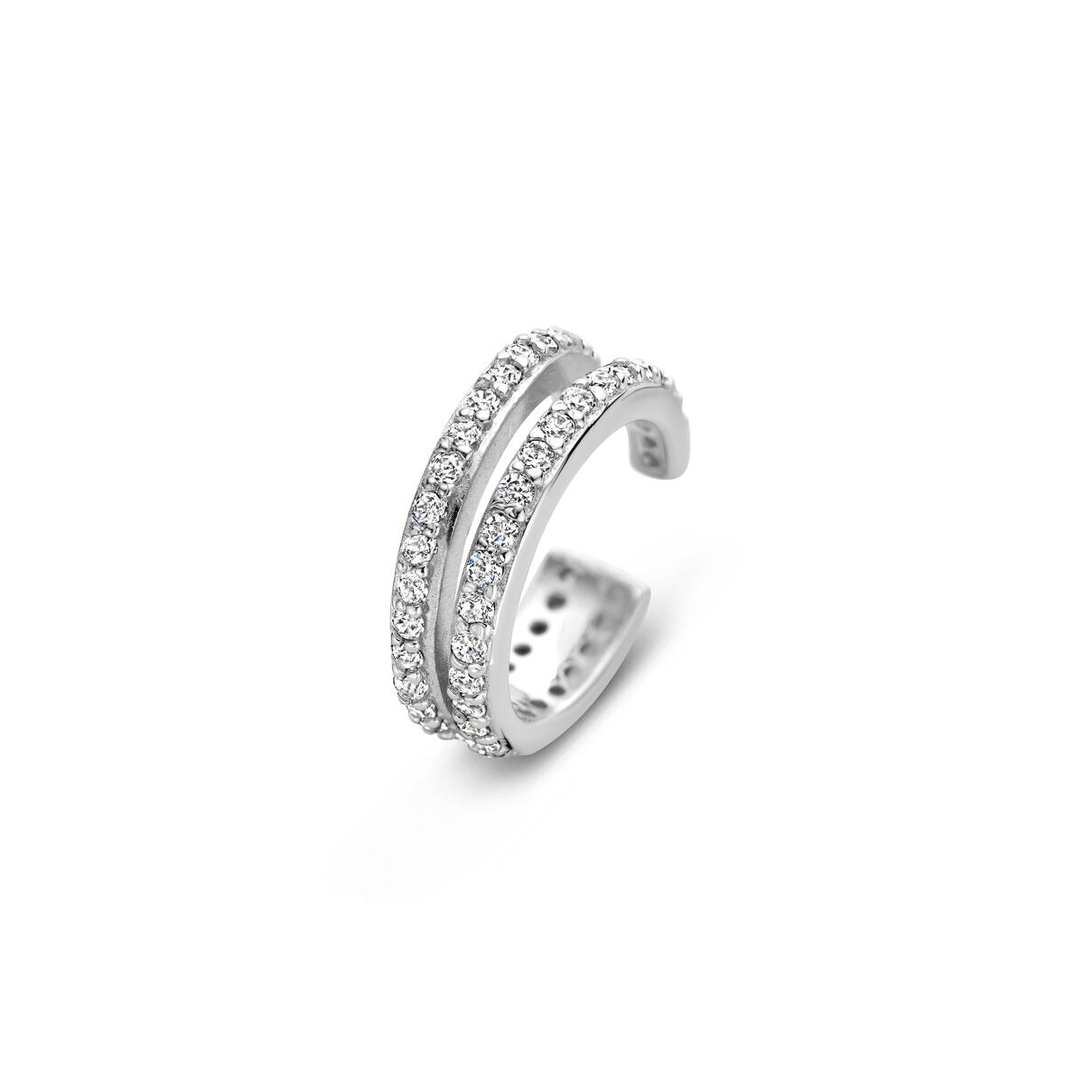 Zilveren ear cuff van gerhodineerd 925 zilver met twee rijen zirkonia-steentjes.