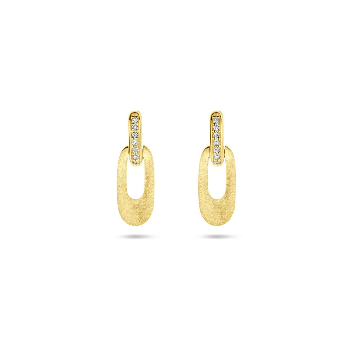 Geelgouden oorhangers met een matte afwerking en briljant geslepen diamanten van 0.04ct.