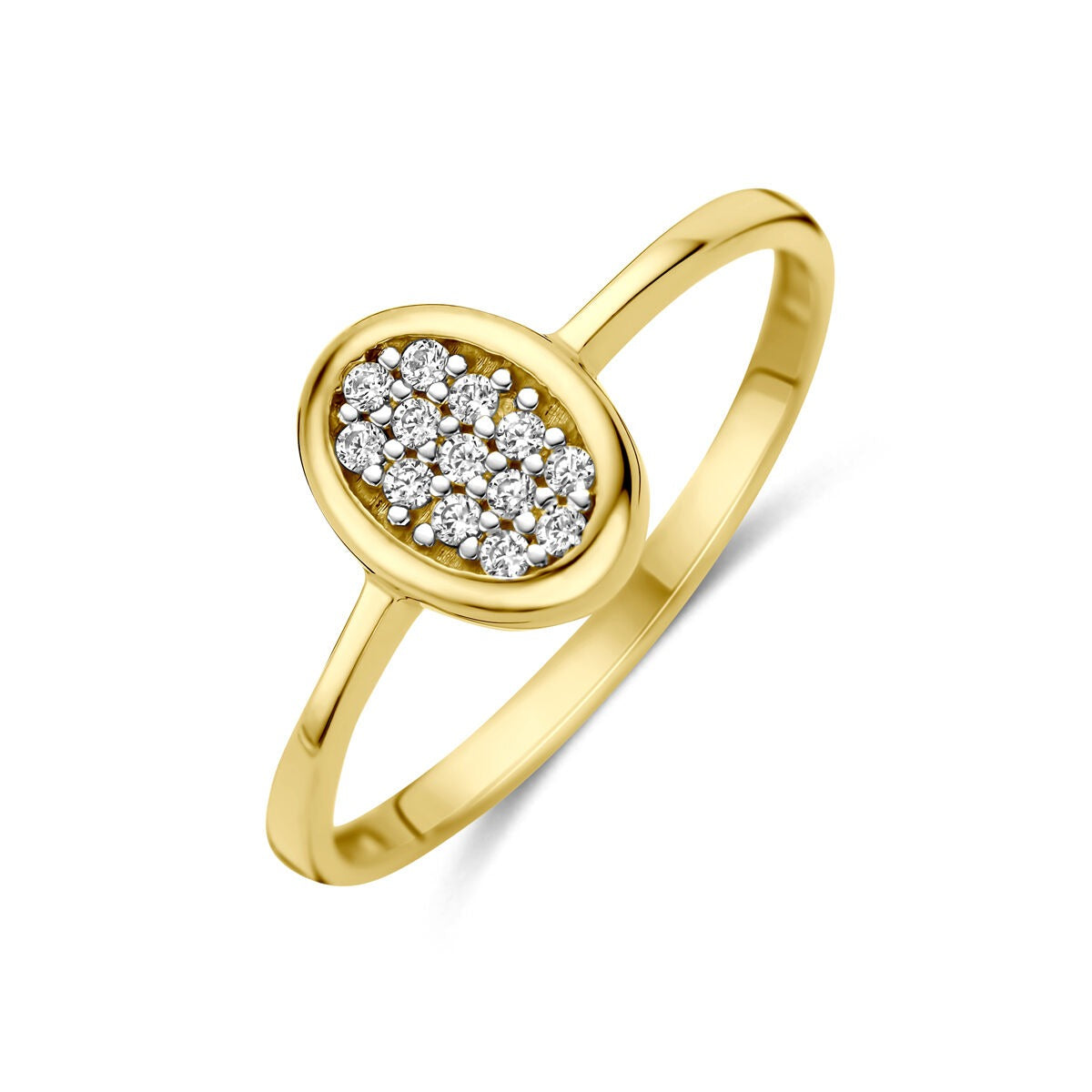Geelgouden ring met een ovale zirkonia pavé, versierd met meerdere kleine steentjes.