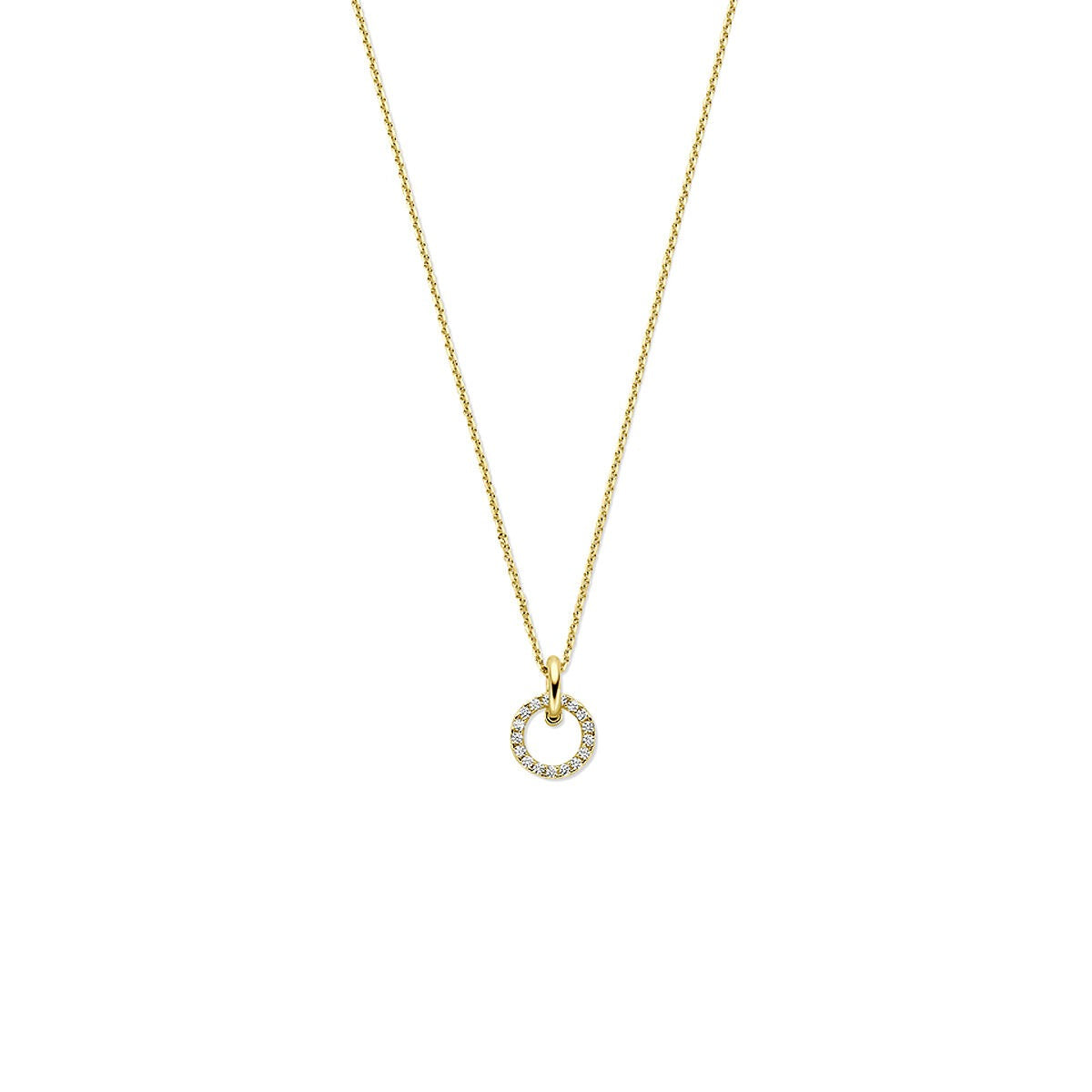 Gouden collier van 14k met een ronde hanger bezet met zirkonia in pavé zetting.