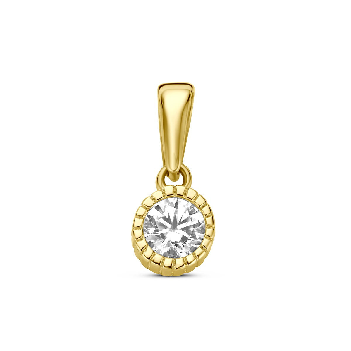 Geelgouden hanger met een ronde zirkonia, afgewerkt met een gevlochten rand.