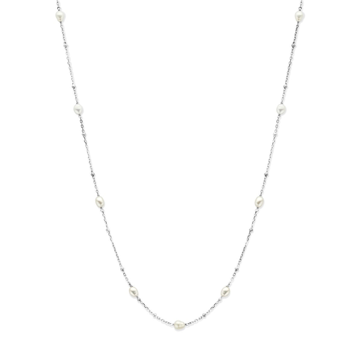 Gerhodineerd 925 zilveren collier met een afwisselende schakelstructuur en parels.