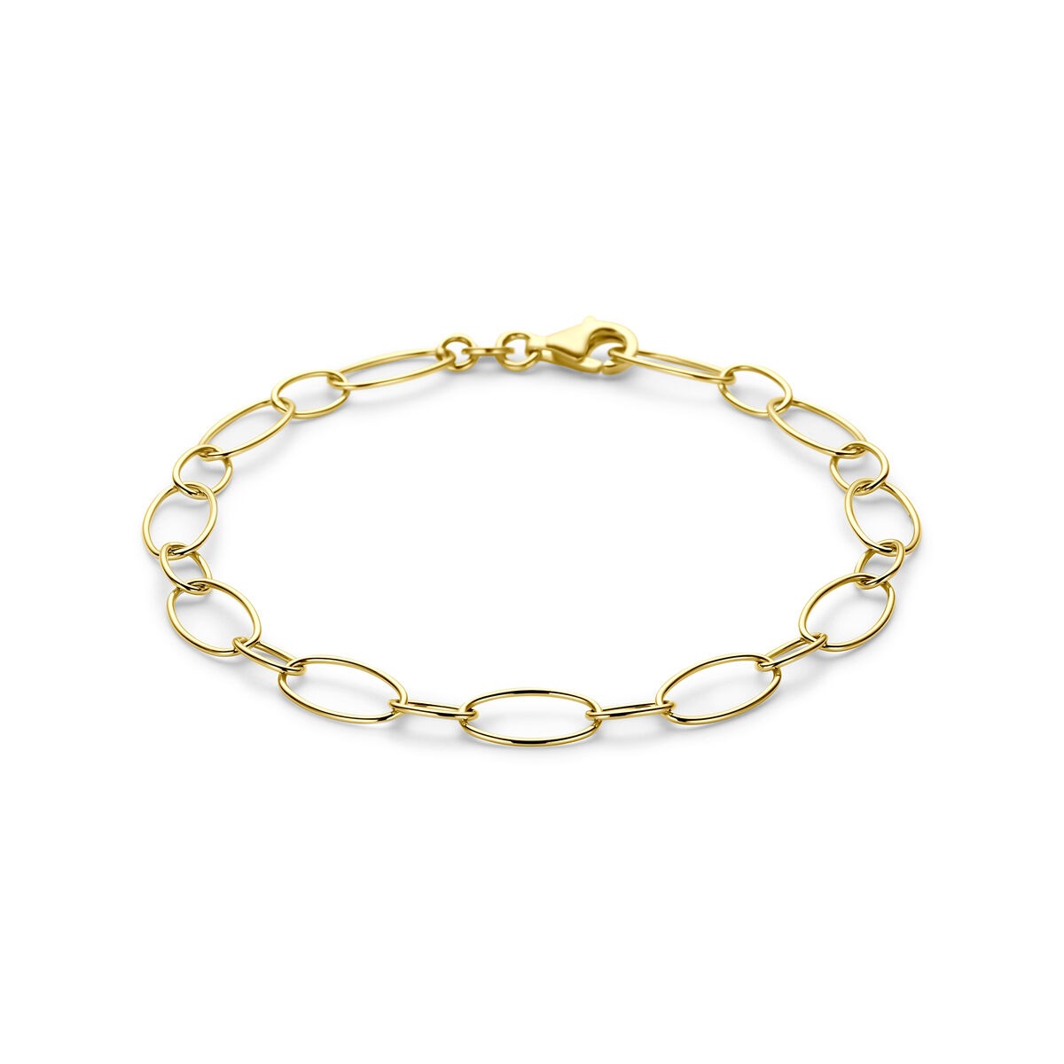 Geelgouden anker armband met een schakelsysteem van ovale schakelvormen en een karabijnsluiting.