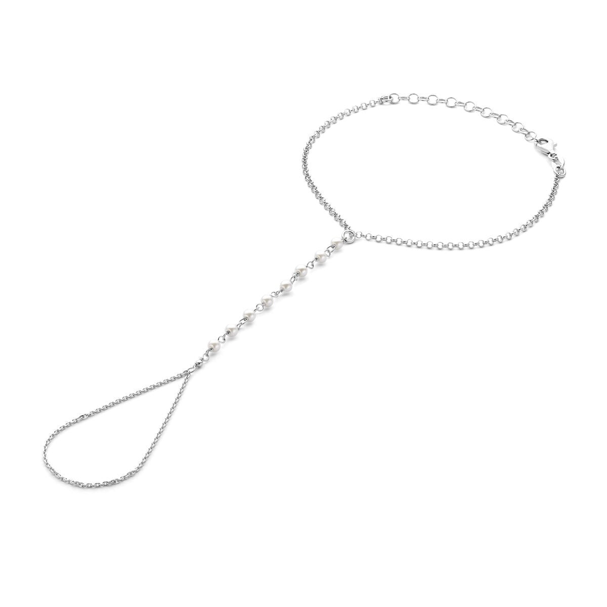Zilveren handsieraad met een anker schakel en parels, met een elegante ketting en druppelvormige hanger.