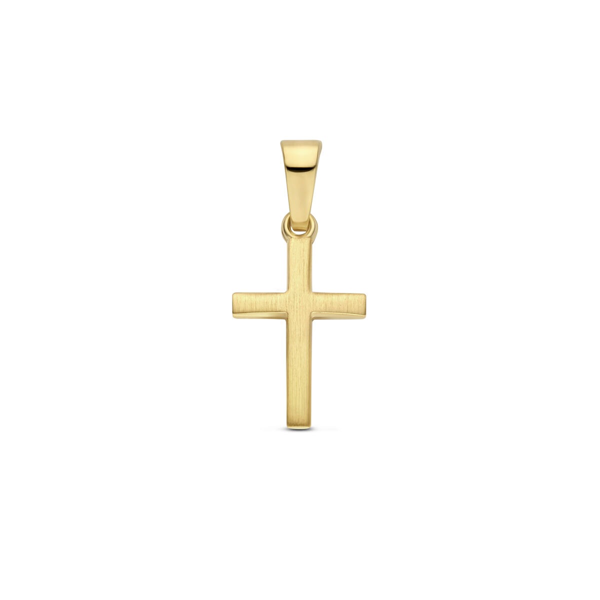 Geelgouden kruis hanger met een strakke, matte afwerking en een eenvoudige, tijdloze vorm.