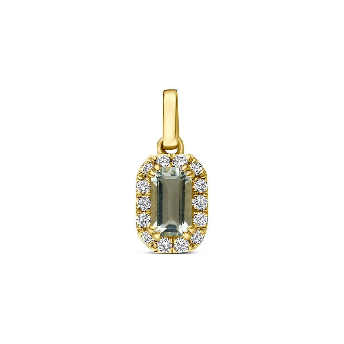 Geelgouden hanger met een groene amethist in een rechthoekige vorm, omringd door lab grown diamanten.