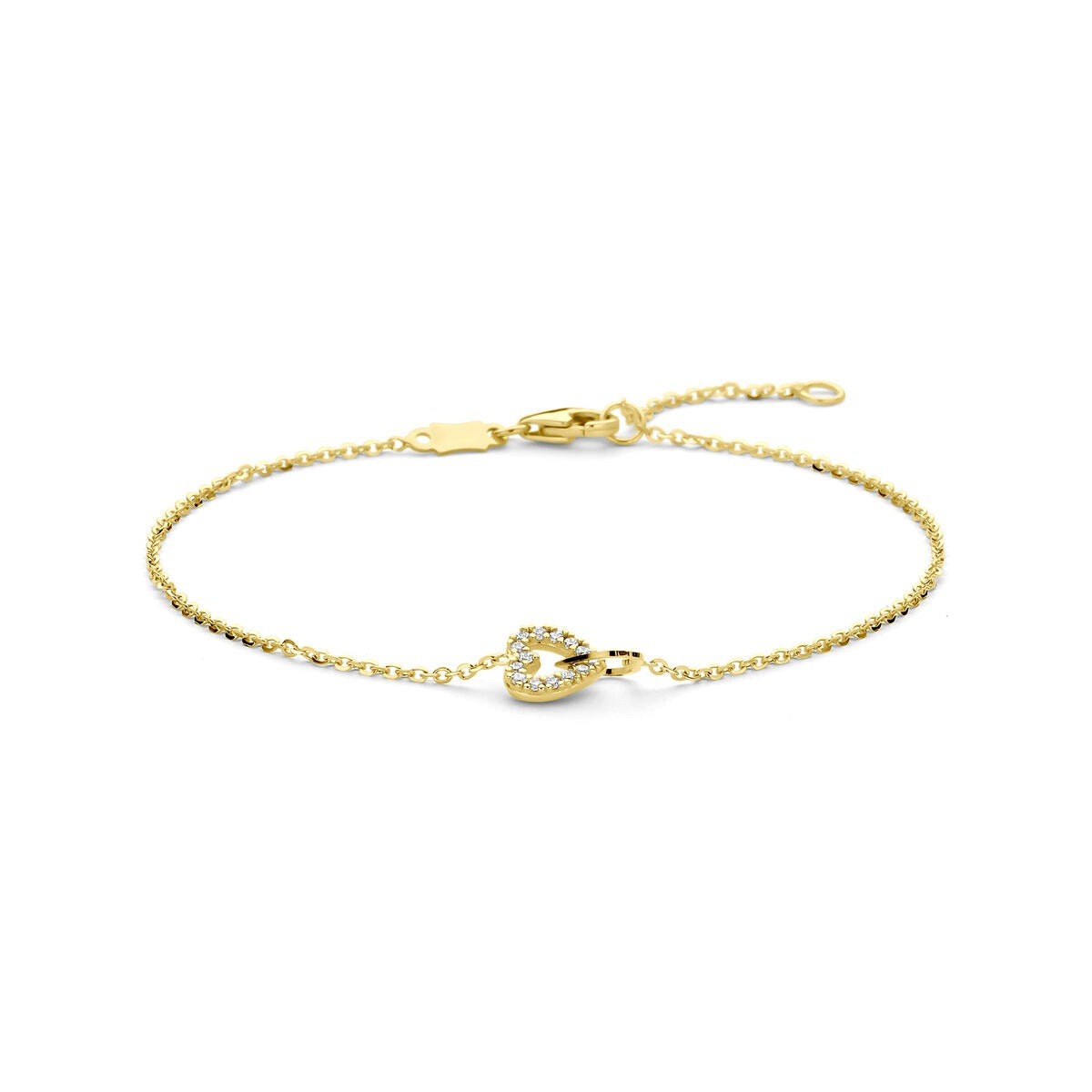 14k geelgouden armband met hartvormige schakel en zirkonia-steentje.