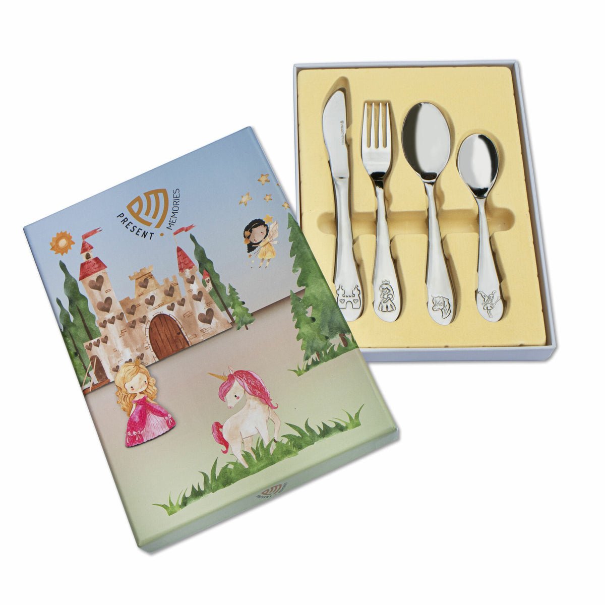 Kinderbestekset van edelstaal met sprookjesmotieven, inclusief mes, vork en lepel in een kleurrijke geschenkdoos.