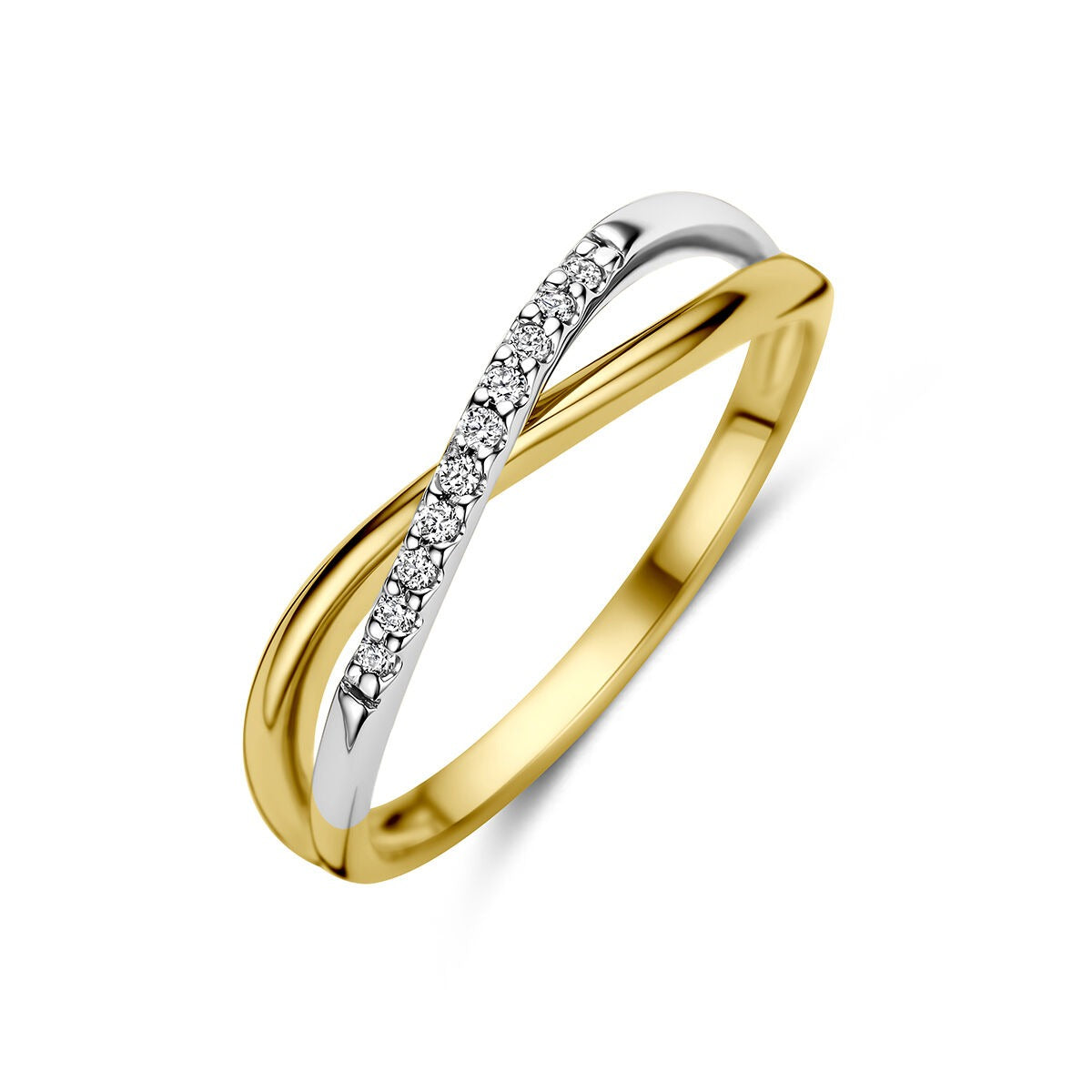 Bicolor gouden ring van 14k met een glanzende afwerking en een rijtje van zeven kleine diamanten.