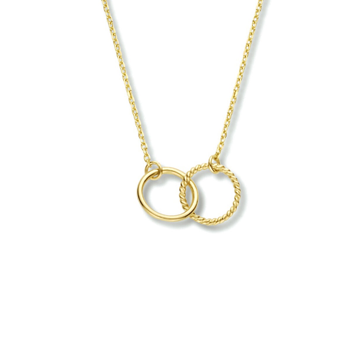 Geelgouden ketting met twee ringen, waarvan één glad en één met een gedraaide textuur.