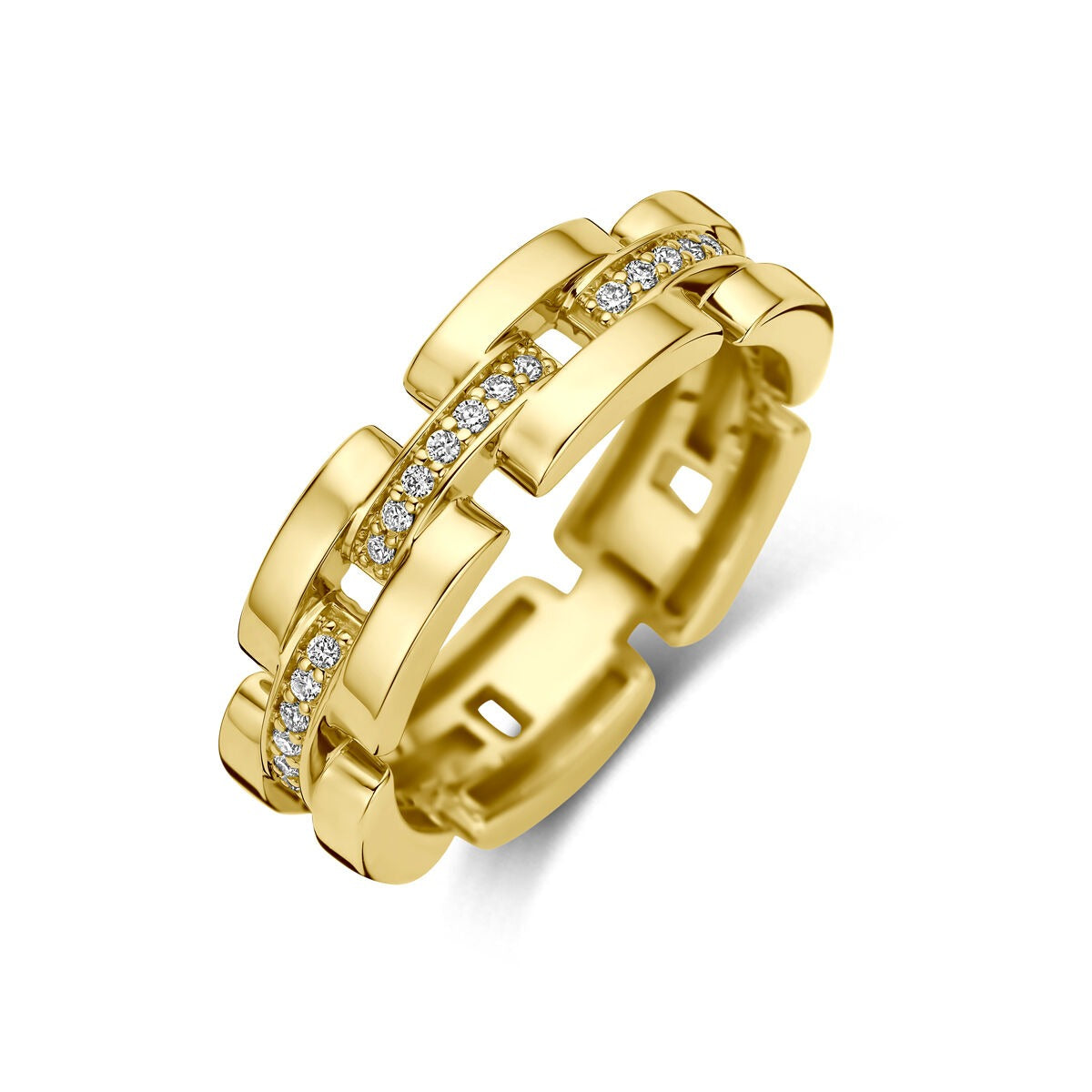 Geelgouden ring met een moderne, brede schakelvorm en een rij kleine diamanten in de bovenkant.