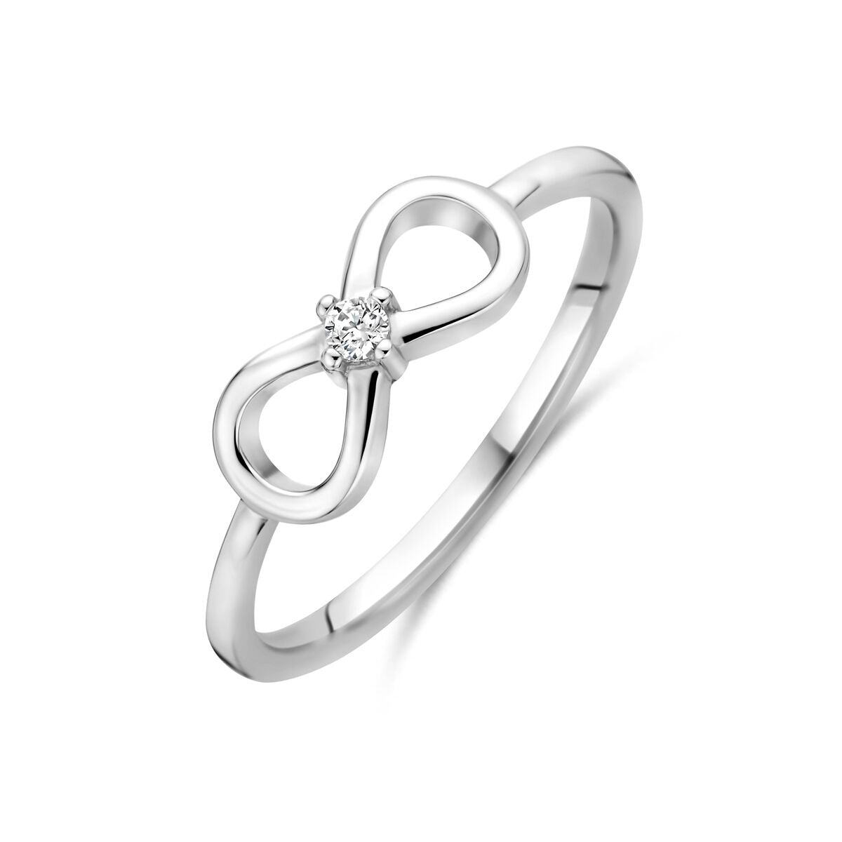 Gerhodineerde 925 zilveren ring met een infinity-symbool en drie zirkonia-steentjes in het midden.