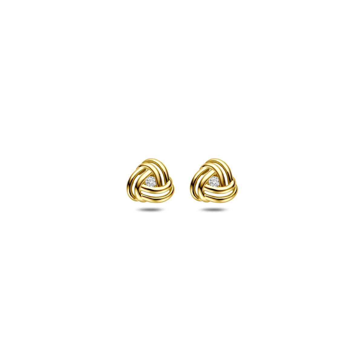 Geelgouden dames oorknoppen met een knoopdesign en zirkonia in chatonzetting.