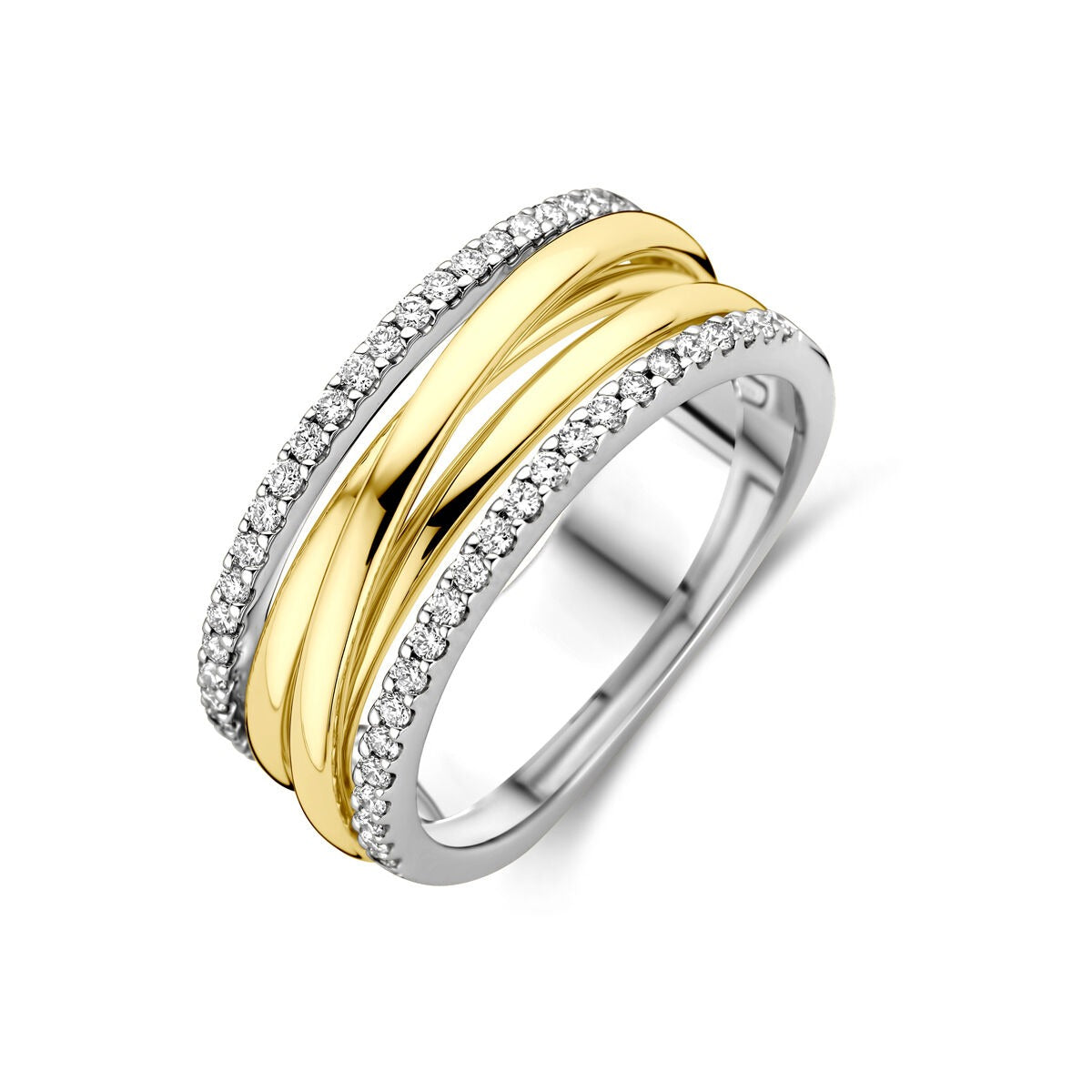 Bicolor 14k gouden ring met een glanzende gele en witte band, versierd met diamanten aan de zijkanten.