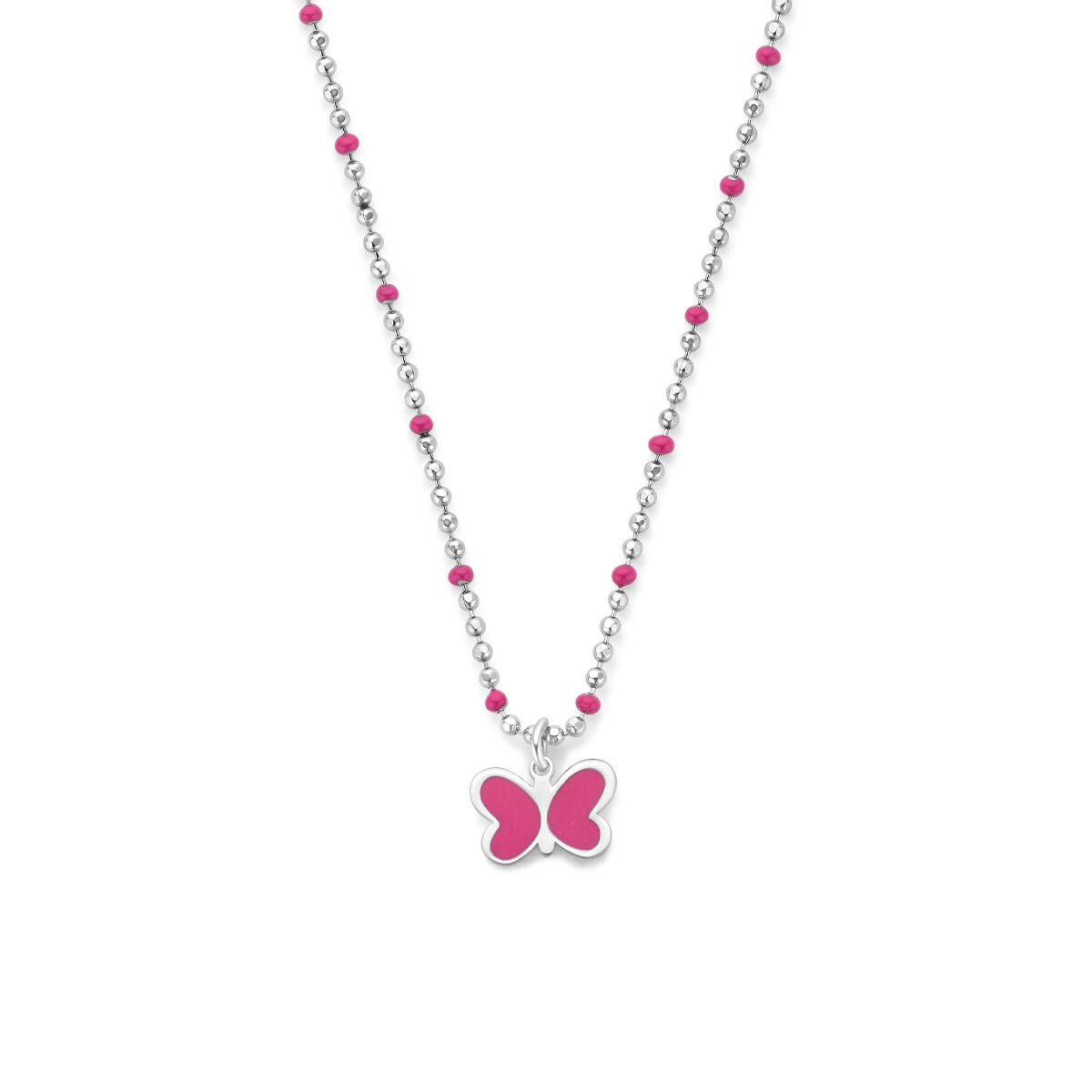 Gerhodineerd 925 zilveren kinder collier met een roze vlinder en kleine roze kralen.