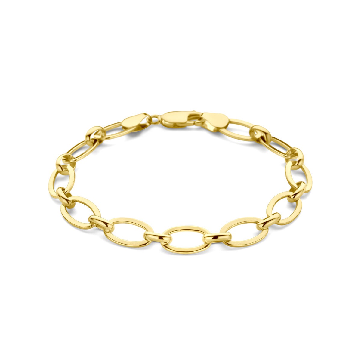Geelgouden armband met een zilveren kern, schakels in een ovale vorm en een sluiting.