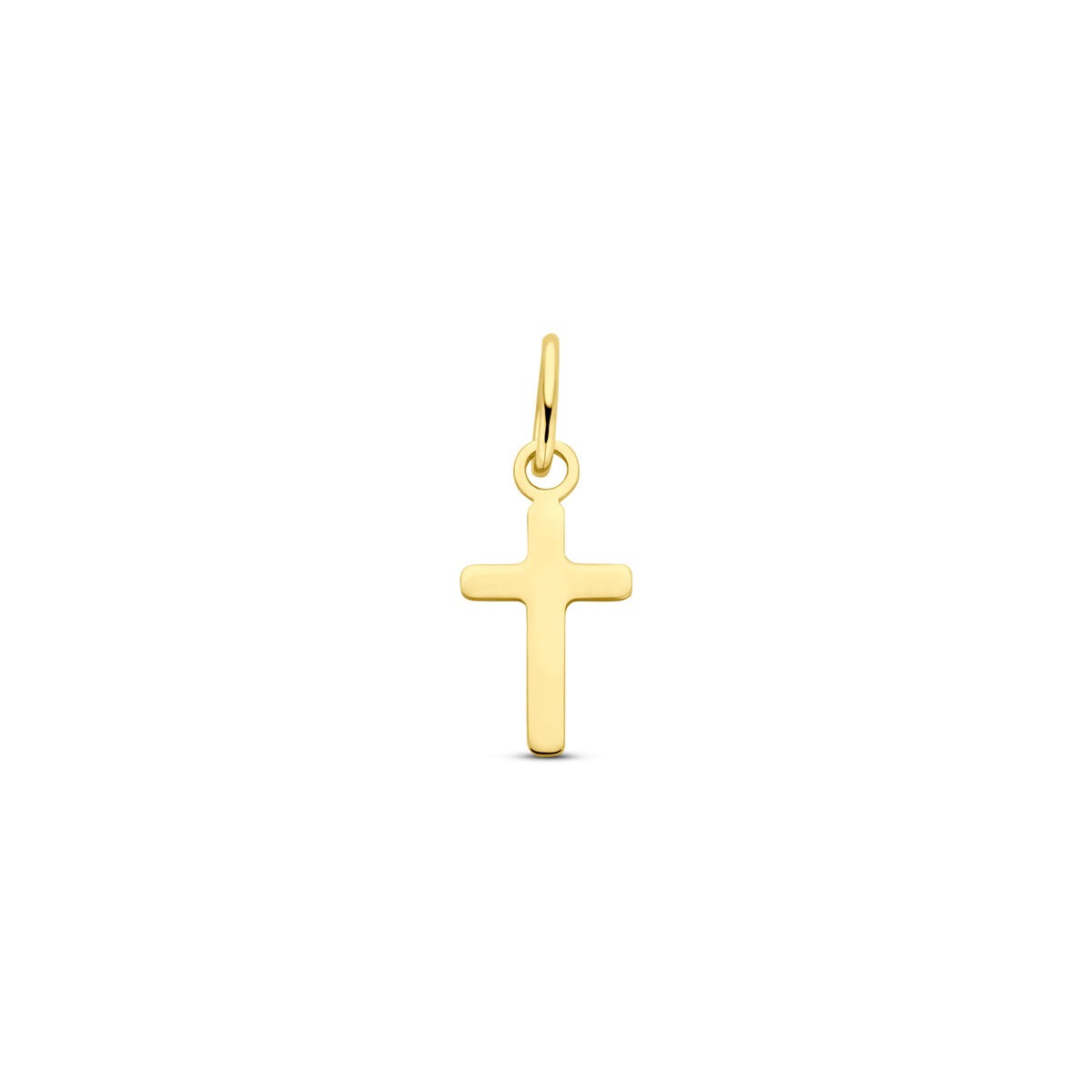 Geelgouden hanger in kruisvorm van 14 mm met een glanzende afwerking.