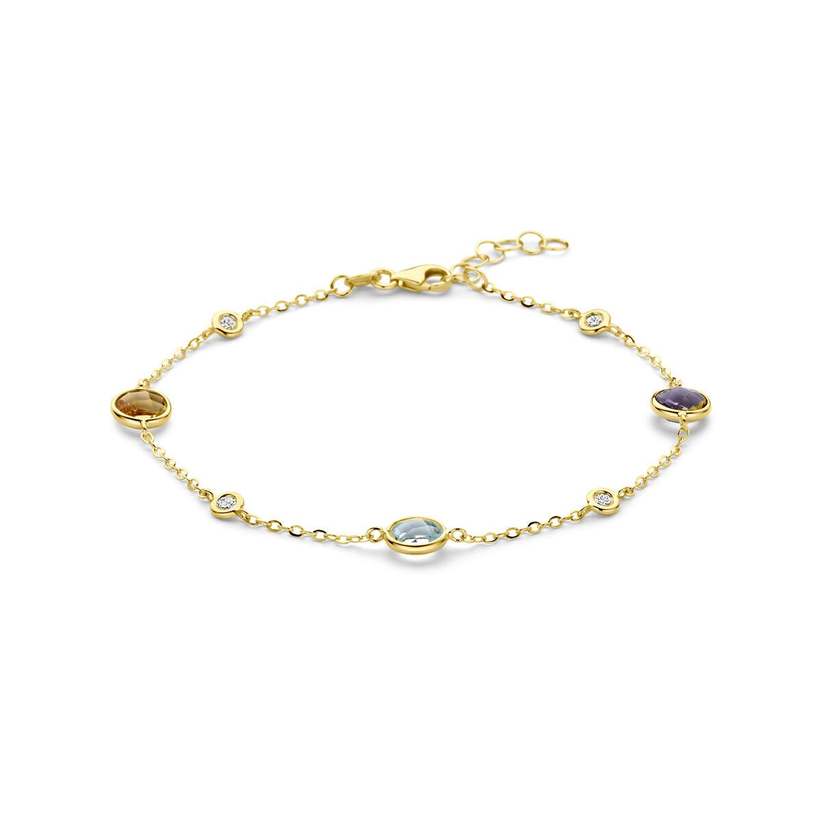 Geelgouden armband met citrien, amethist, topaas en diamant in een schakeldesign.