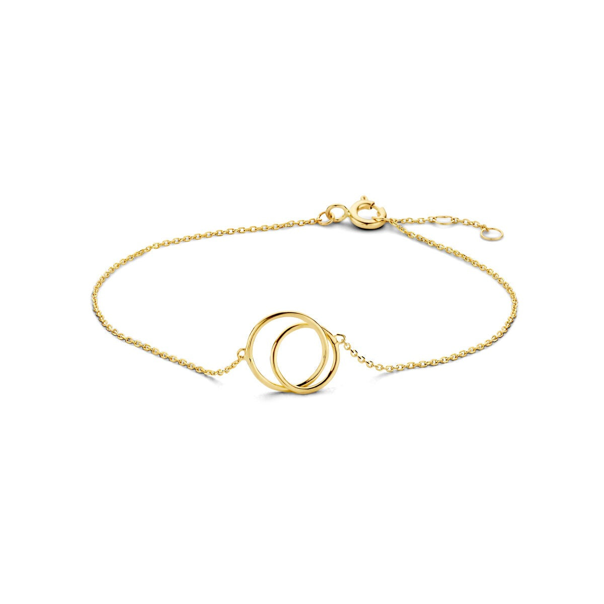 Verstelbare damesarmband van 9k geelgoudkleur met twee overlappende ringen als opvallend detail.