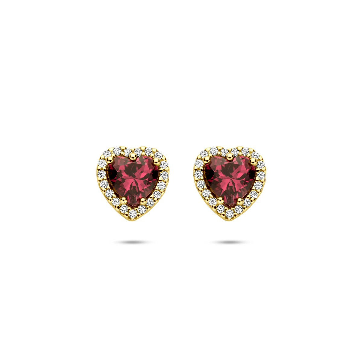 14k Geelgouden oorknoppen met Rhodoliet hartje en diamant – 0.10ct