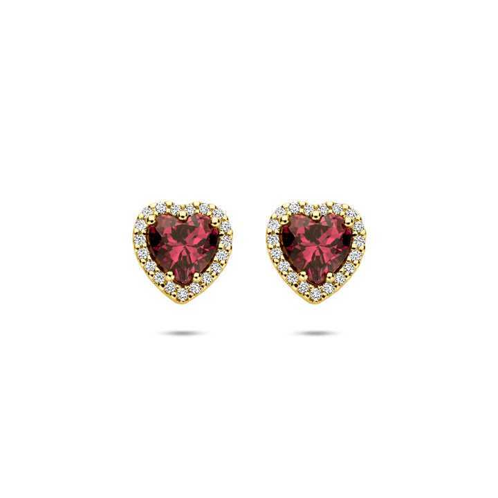 14k Geelgouden oorknoppen met Rhodoliet hartje en diamant – 0.10ct