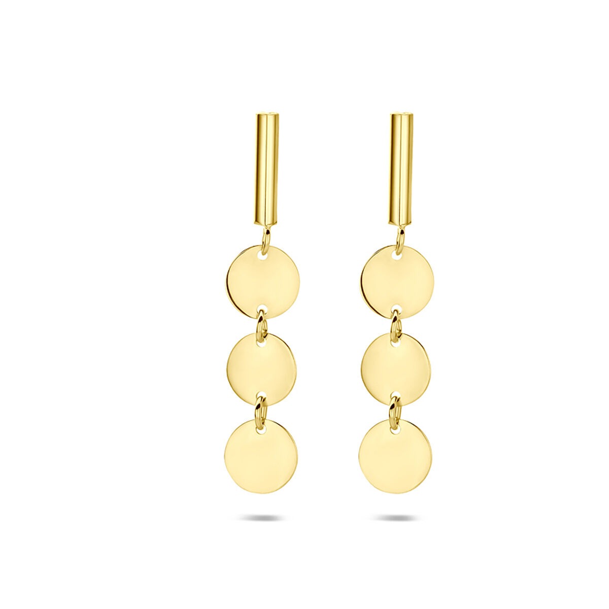 Geelgouden oorhangers met drie hangende cirkels in een moderne, minimalistische stijl.