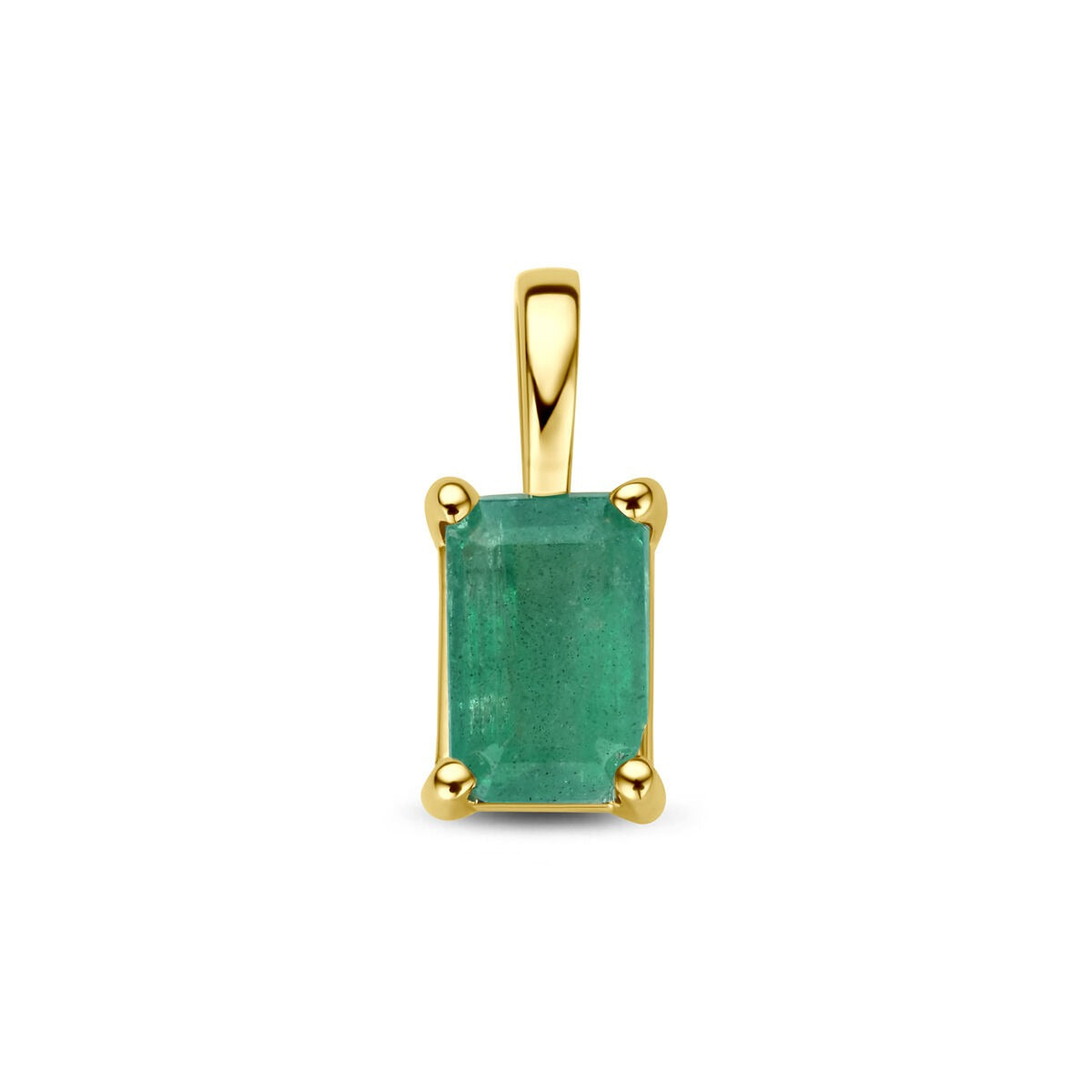 Geelgouden hanger met een rechthoekige smaragd in een vierdelige zetting.
