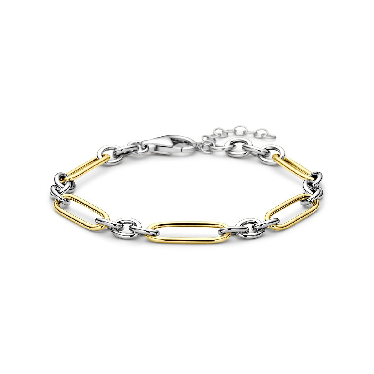 Vergulde en gerhodineerde 925 zilveren anker armband met schakels in twee kleuren.