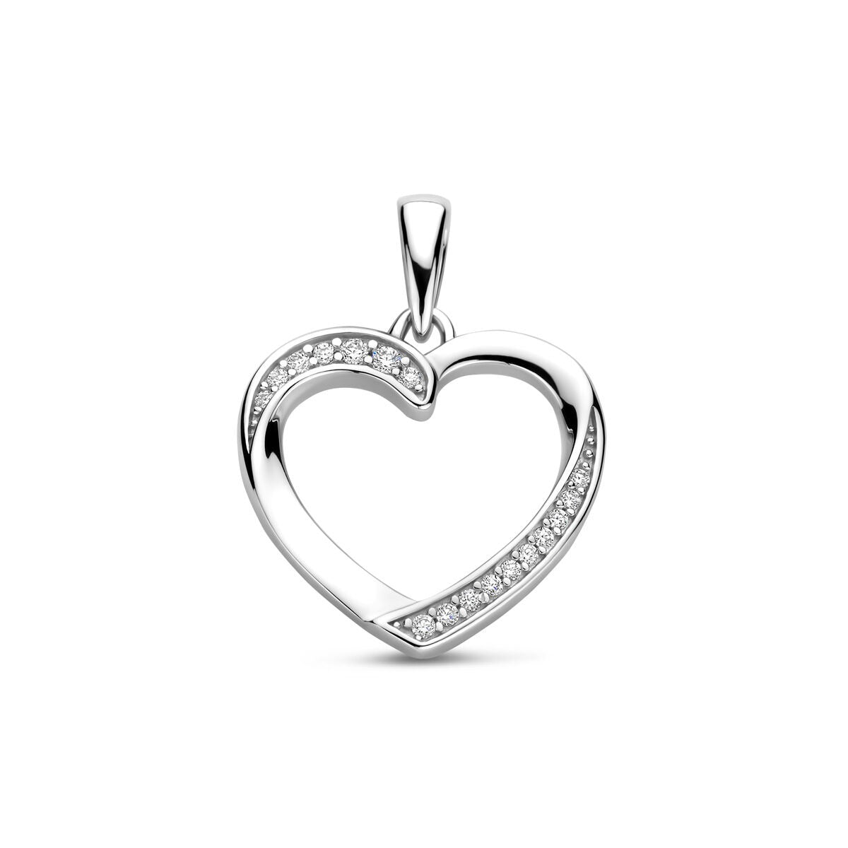 Zilveren hartvormige hanger met zirkonia, 21 mm, gerhodineerd afwerking.