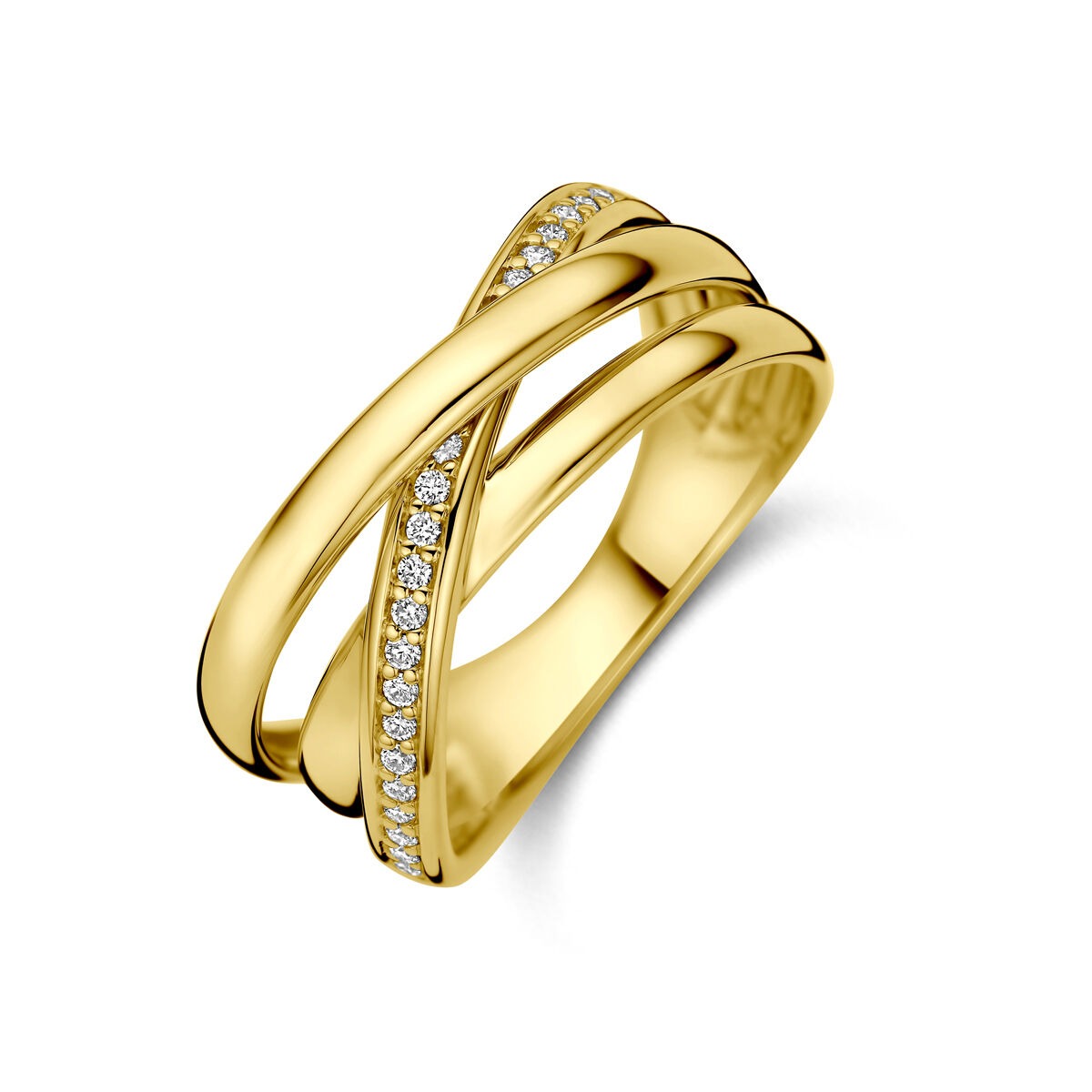 Geelgouden alliance ring met drie golvende banden en een rij van kleine diamanten aan de zijkant.