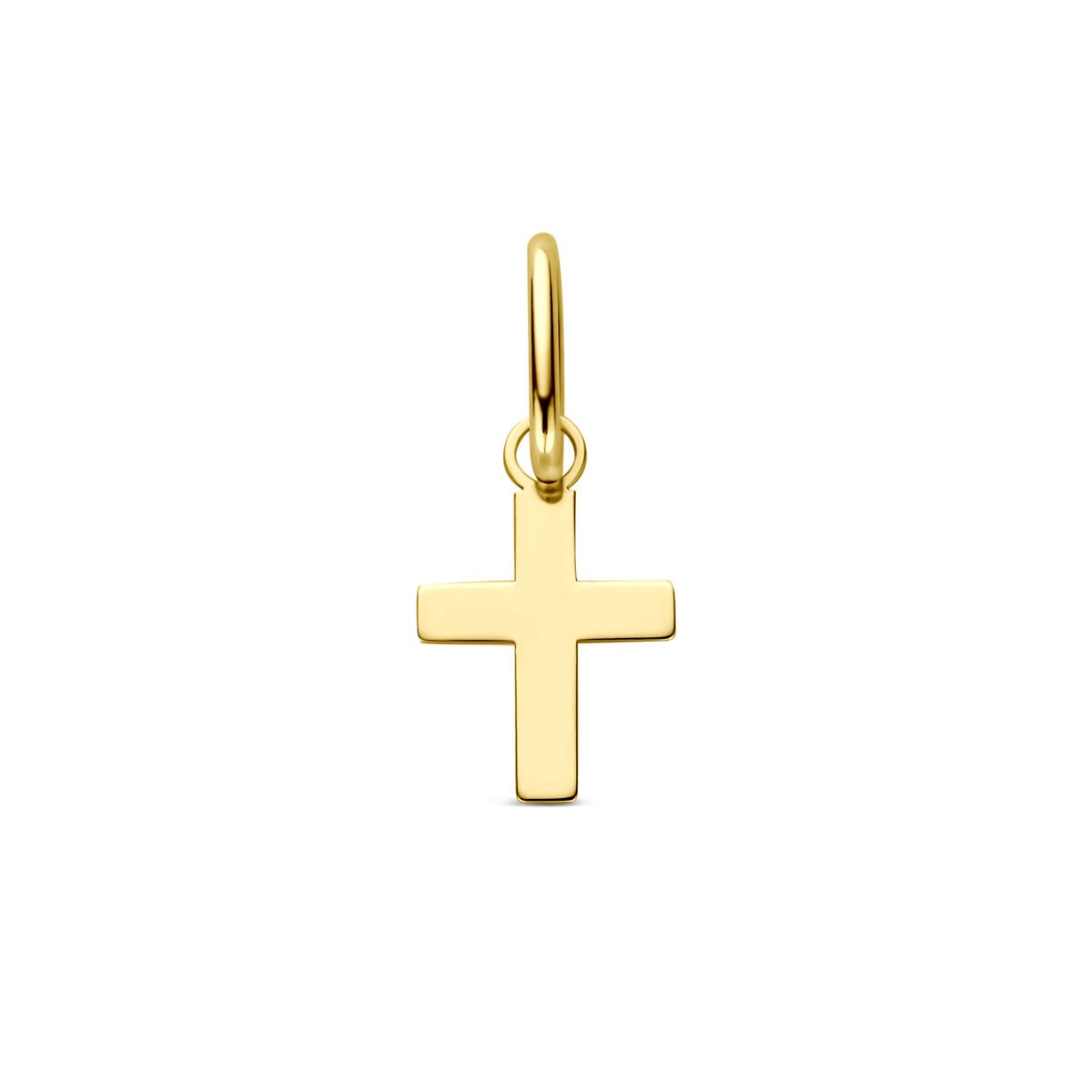 Geelgouden kruis hanger met een gladde, strakke afwerking en een eenvoudige lus.