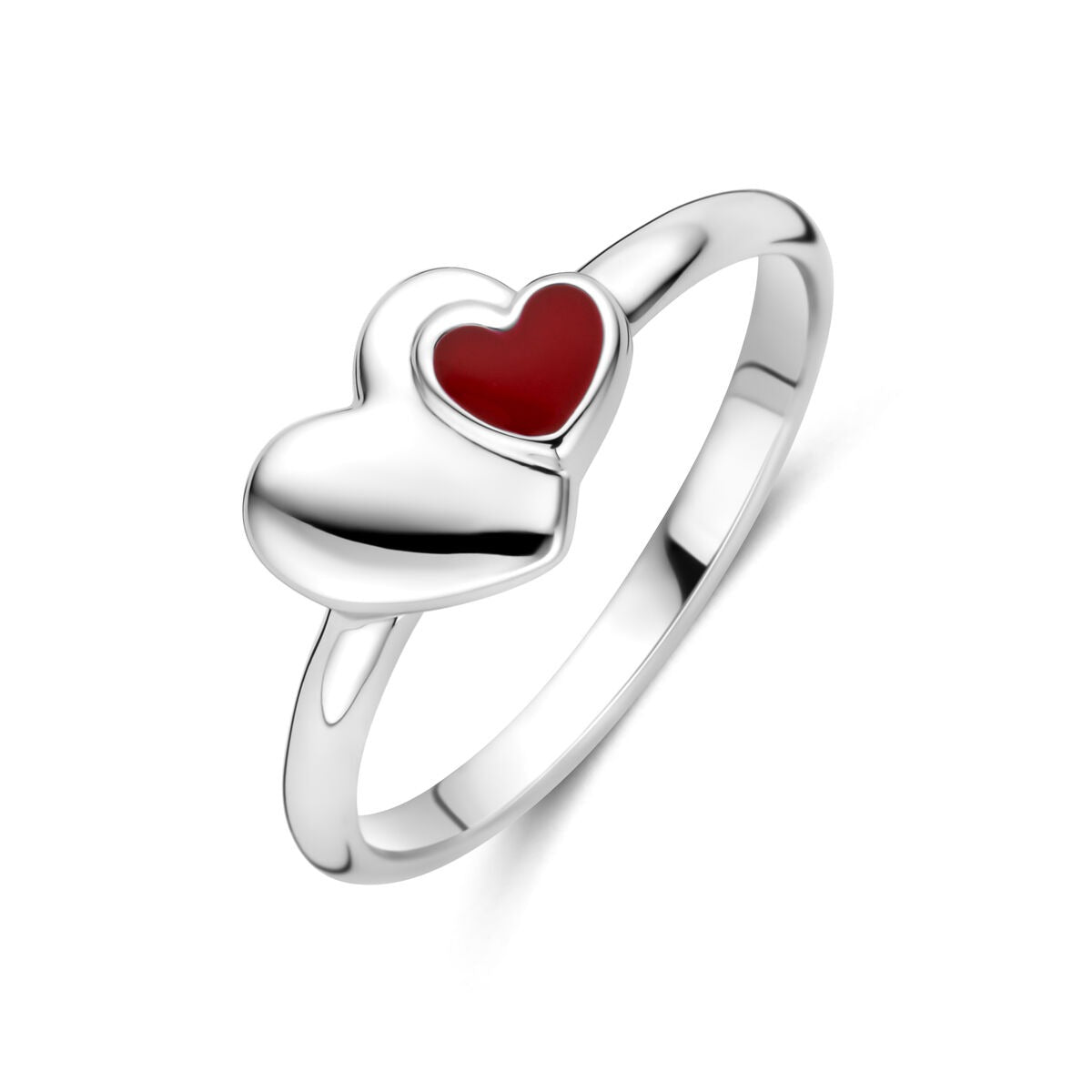 Zilveren kinder ring van gerhodineerd 925 zilver met een rood hartje als opvallend detail.