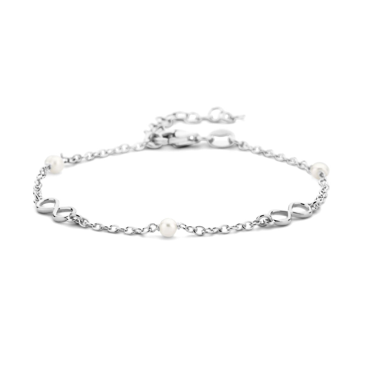 Zilveren vriendschap armband met parels en een infinity hanger, gerhodineerd 925 zilver.