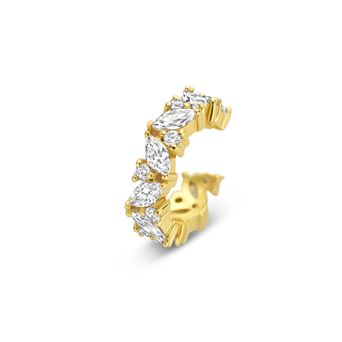 Verguld zilveren ear cuff met zirkonia, gebogen vorm en sprankelende steentjes.
