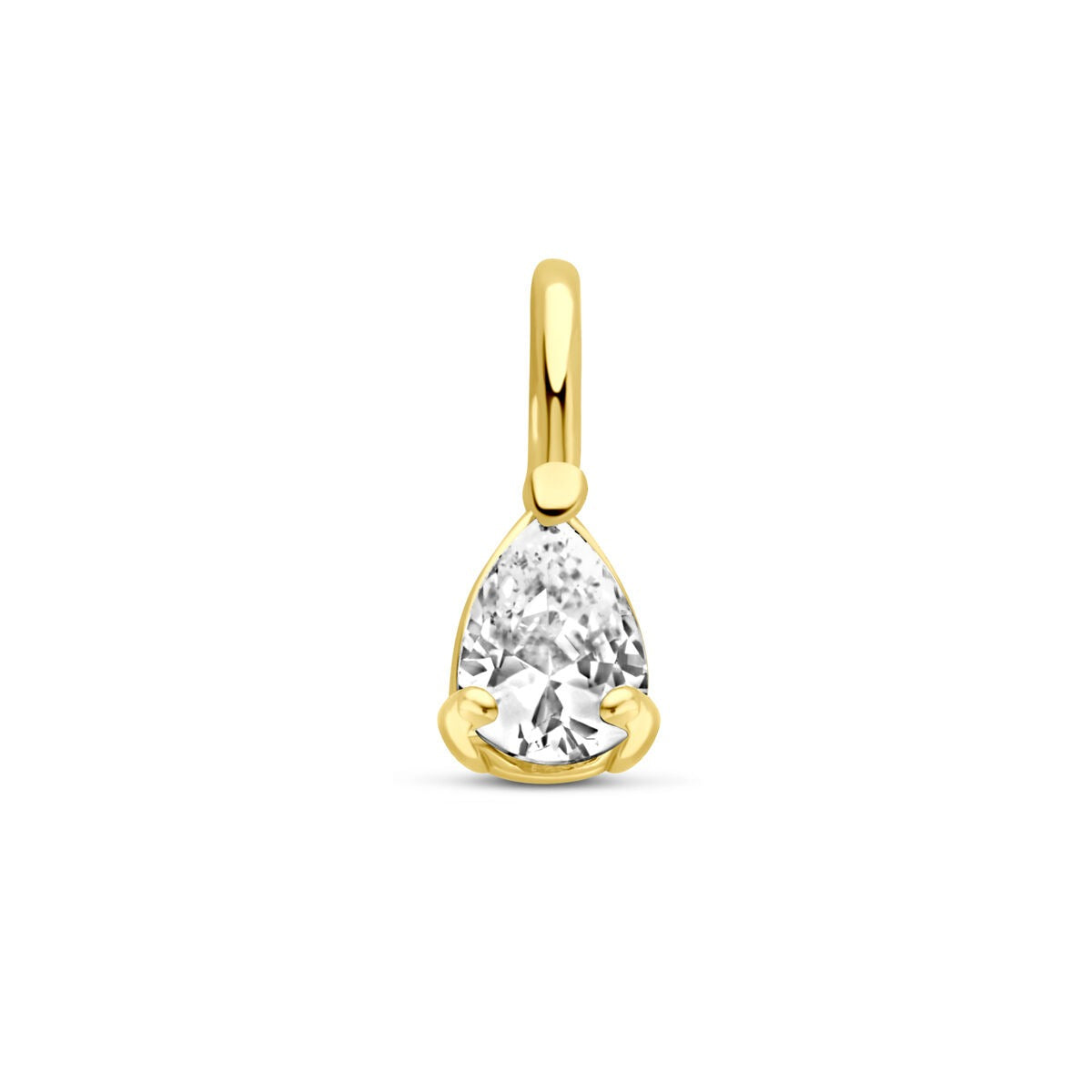 Geelgouden hanger met peer geslepen zirkonia, afmetingen 8,5 x 3,5 mm.