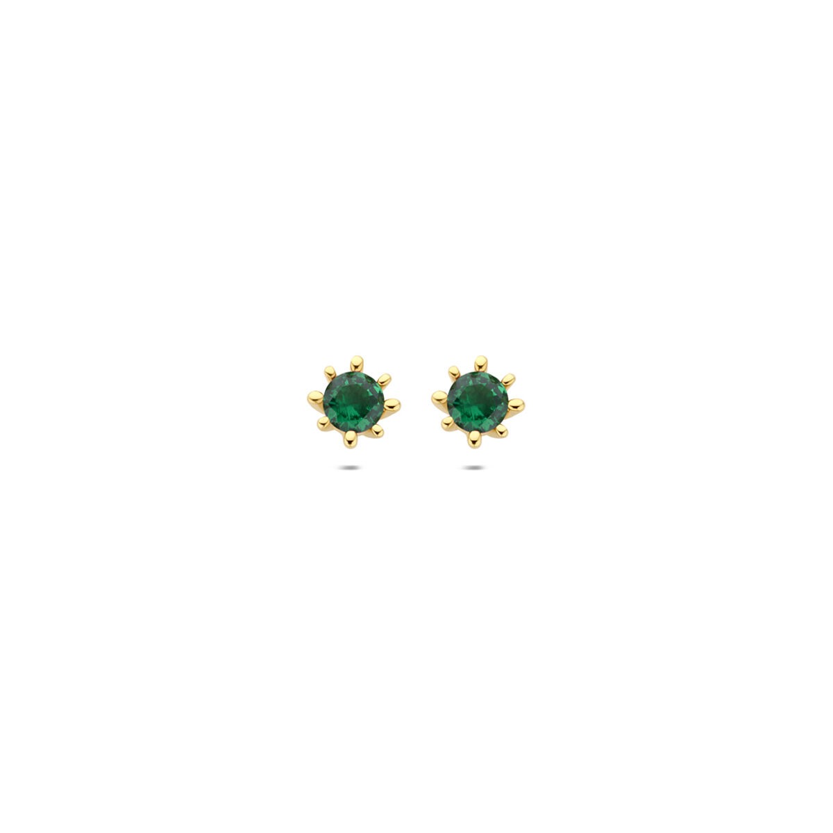 Geelgouden oorknoppen met groene zirkonia, ronde stenen in een stervormige zetting.