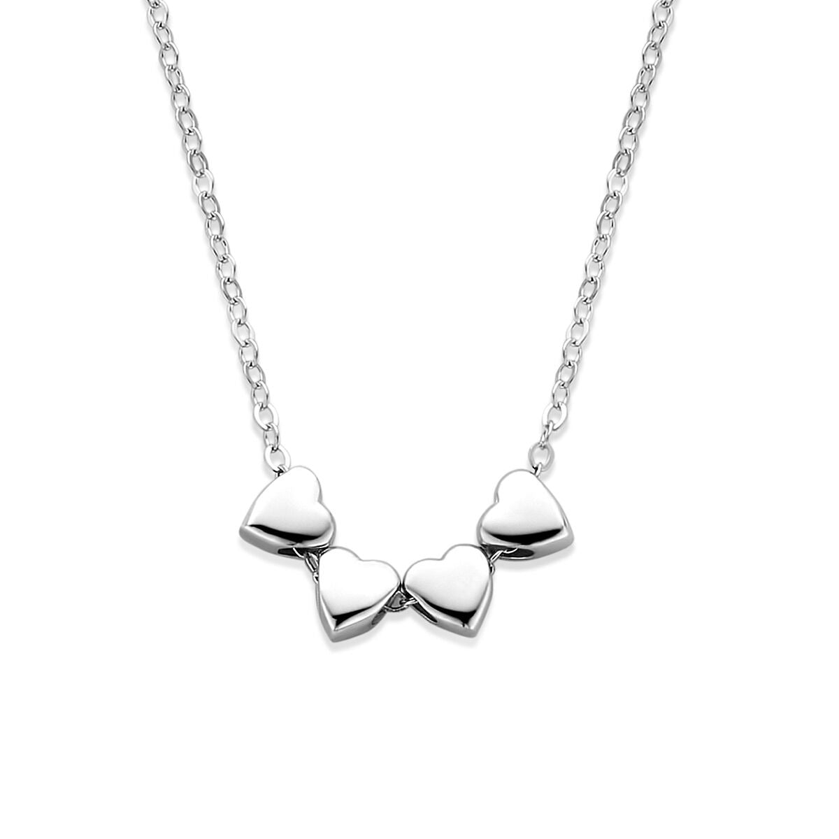 Gerhodineerd 925 zilveren collier met vier glanzende hartjes in een rij.
