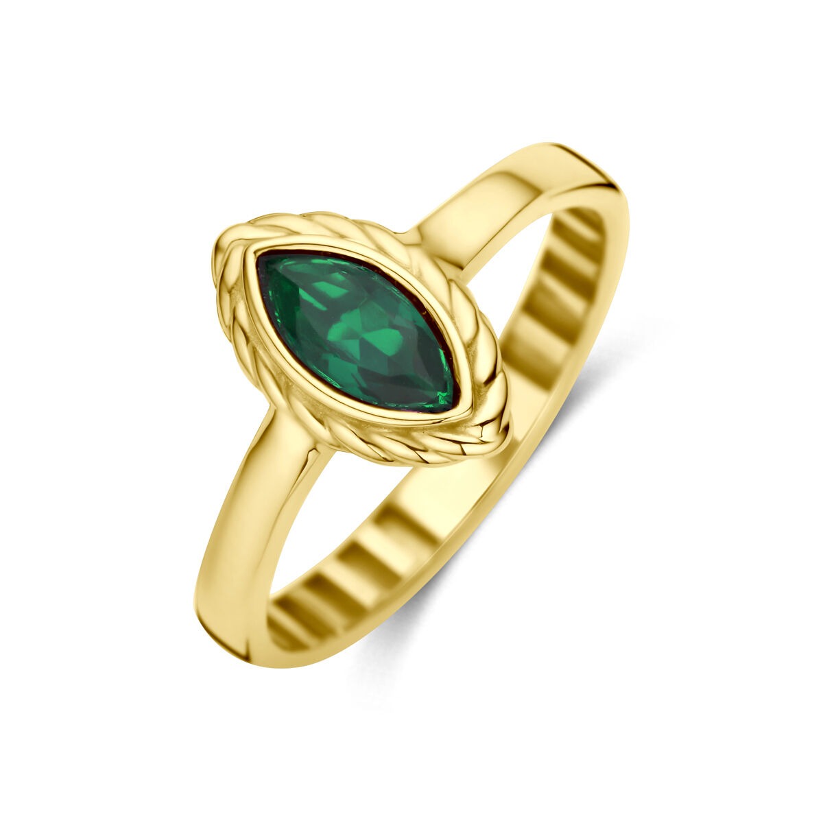Geelgouden ring met een marquise-vormige groene zirkonia, omringd door een vlechtmotief.