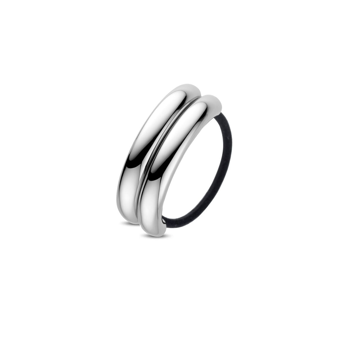 Zilverkleurige stalen hair cuff met een dubbele, gladde afwerking en een zwarte elastische band.