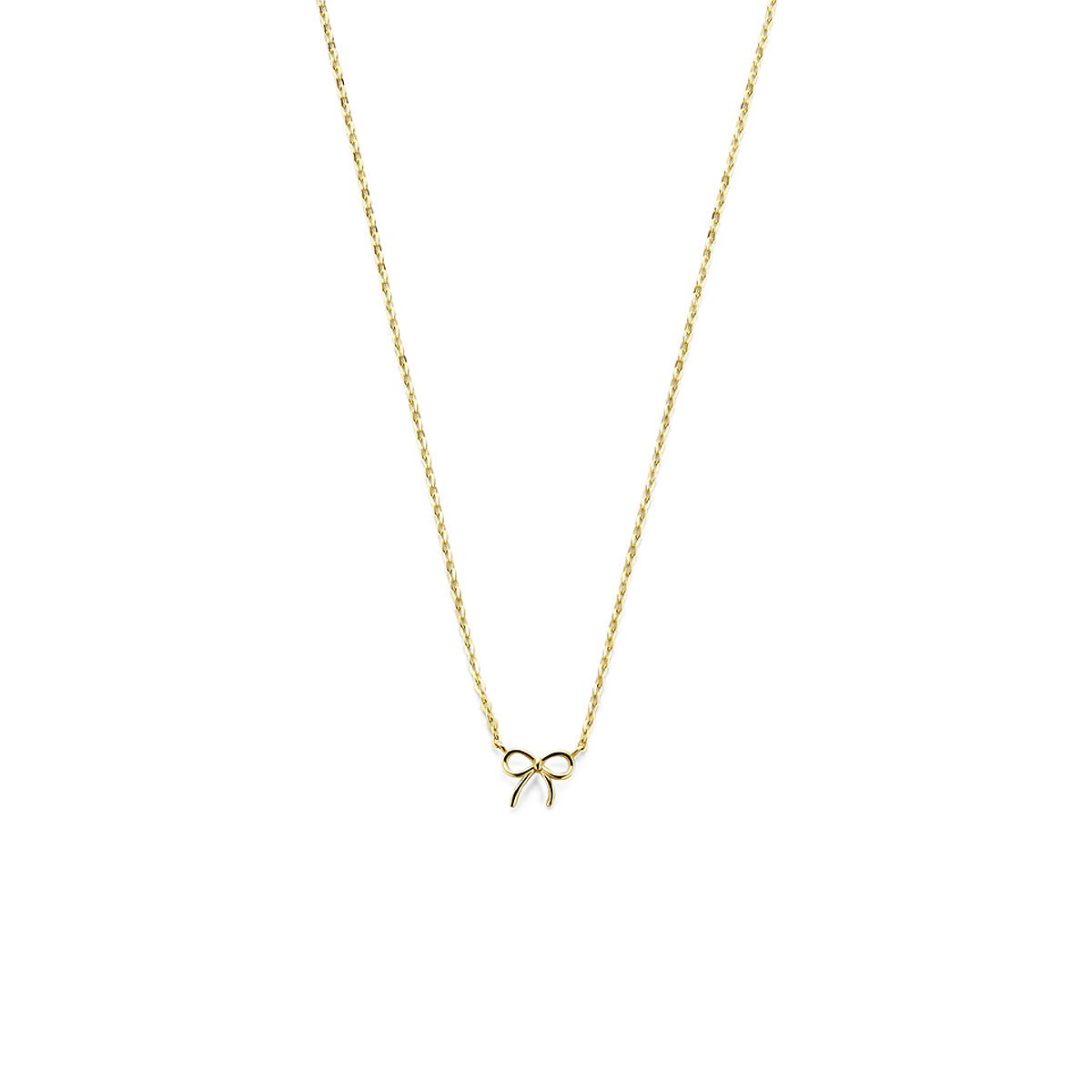 Geelgouden collier met een strikje als hanger, fijne schakelketting.
