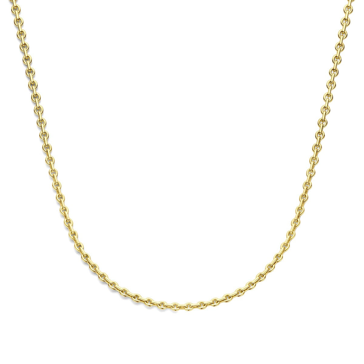14k geelgouden ketting met een fijne schakelstructuur en een zilverkern.