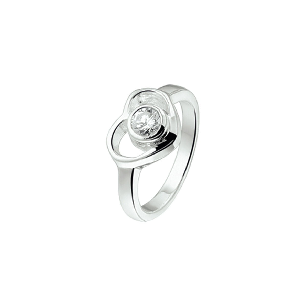 Zilveren ring in hartvorm met een heldere zirkonia, gerhodineerd afwerking.