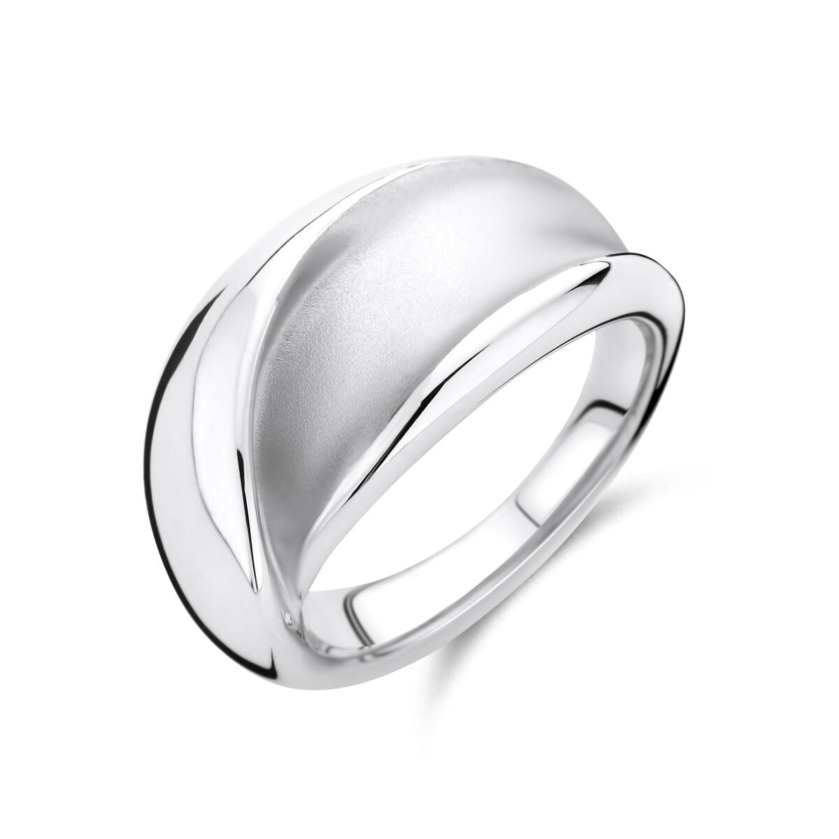 Gerhodineerde 925 zilveren ring met een poli en mat afwerking, met een vloeiende, moderne vorm.