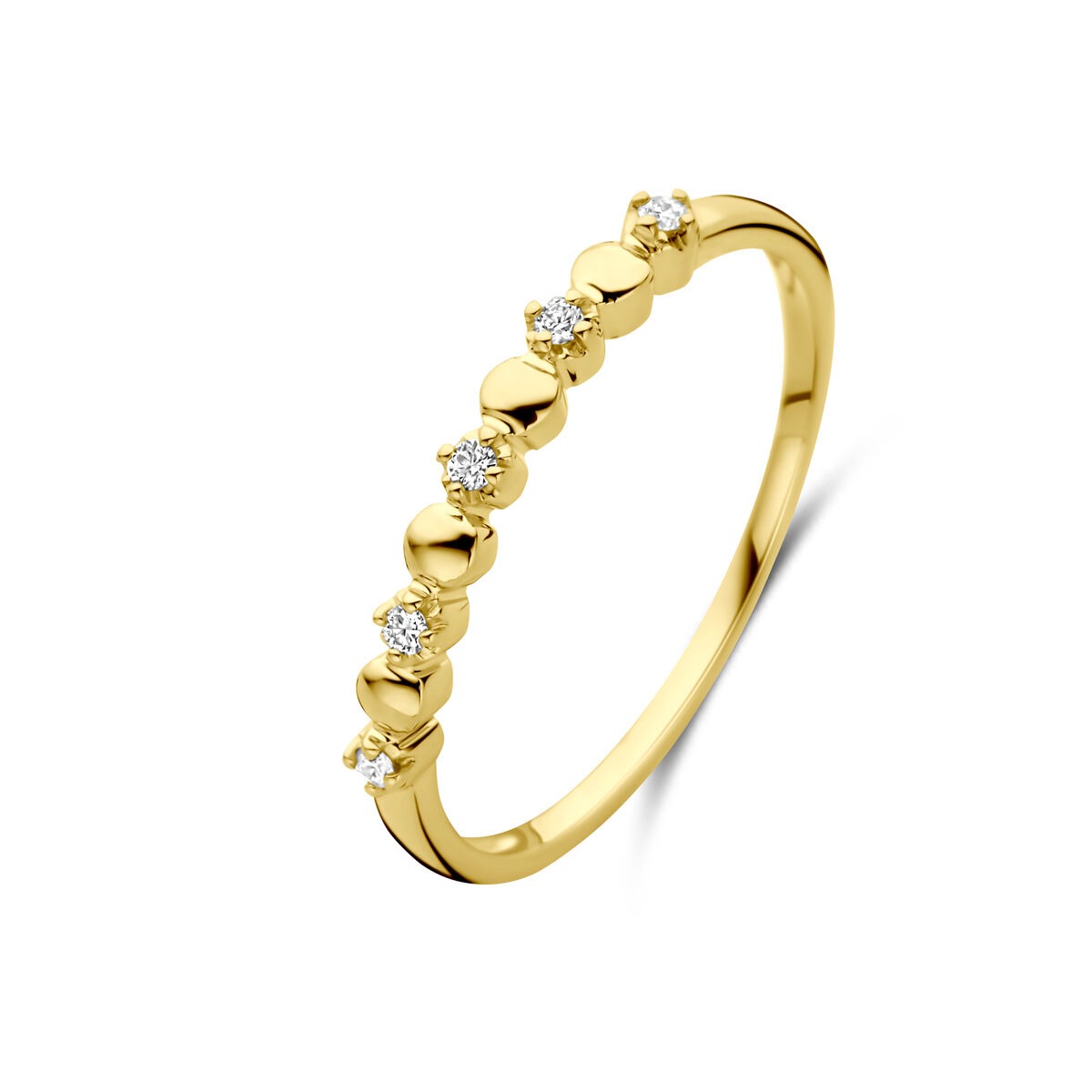Gouden damesring met vijf kleine diamanten van 0.05 ct, 2 mm breedte, met een gladde afwerking.