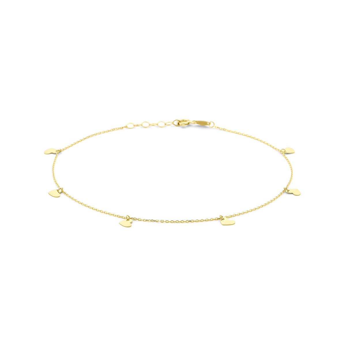 Geel gouden enkelbandje met hartjes, fijn en subtiel ontwerp.