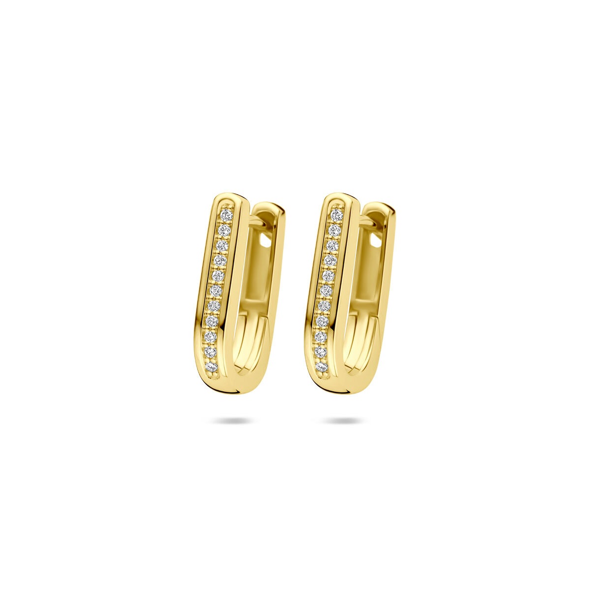 Geelgouden klapoorringen met een rij van diamanten, 15 x 3 mm.