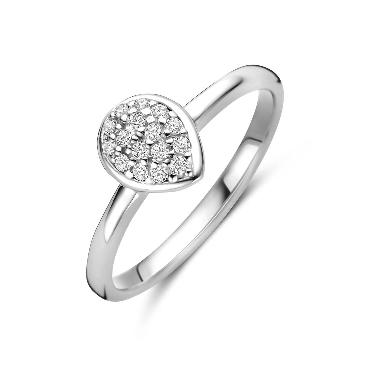 Zilveren ring met gerhodineerde druppelvorm en zirkonia-steentjes in een glanzende afwerking.